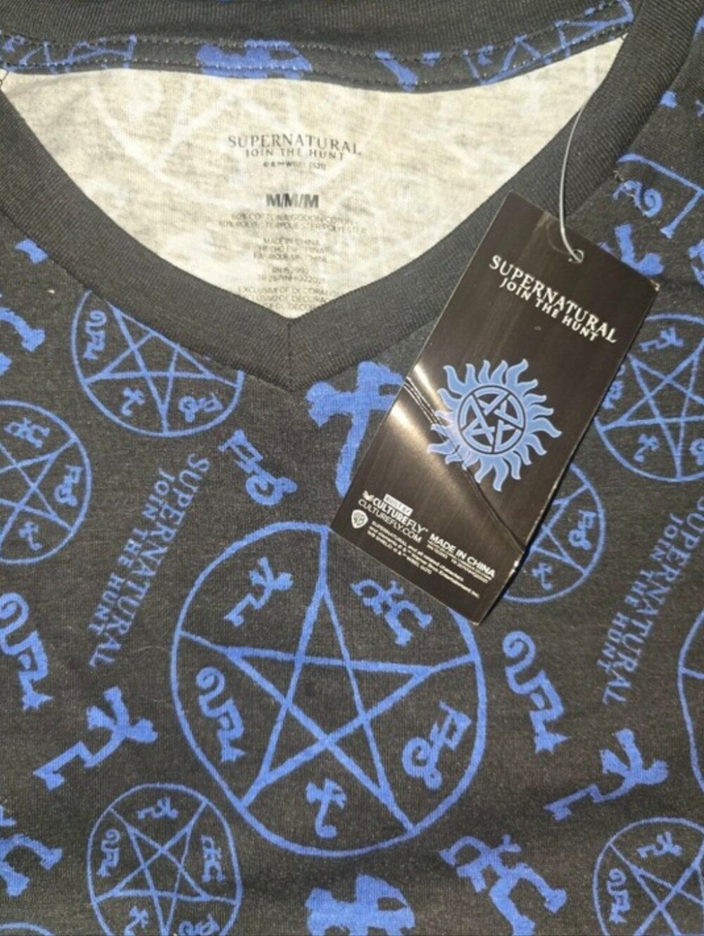 Men’s Supernatural Black V-Neck Shirt with Blue Print Occult